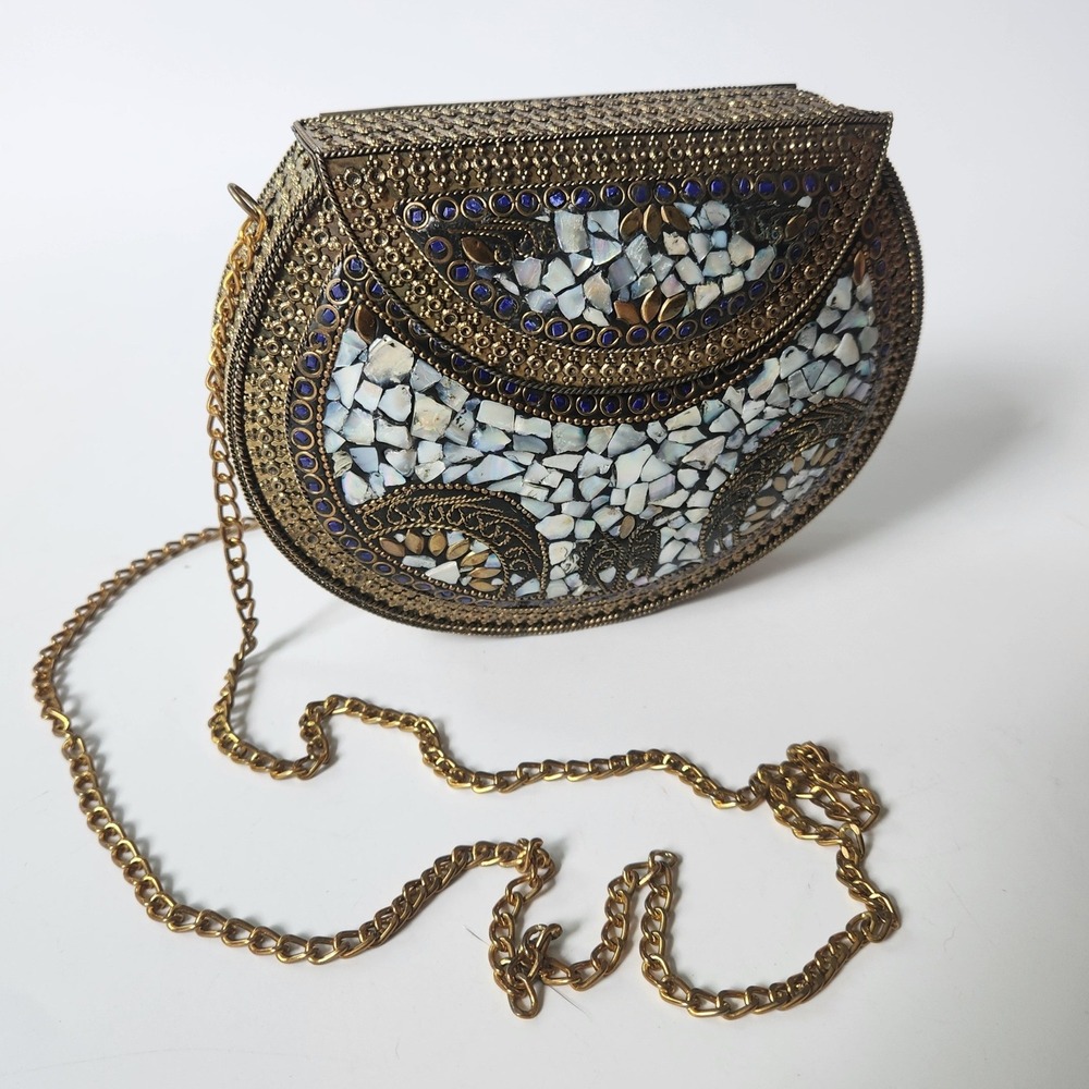 Vintage Handmade Brass Mother of Pearl Mosaic Crossbody Clutch Purse Bohemian
